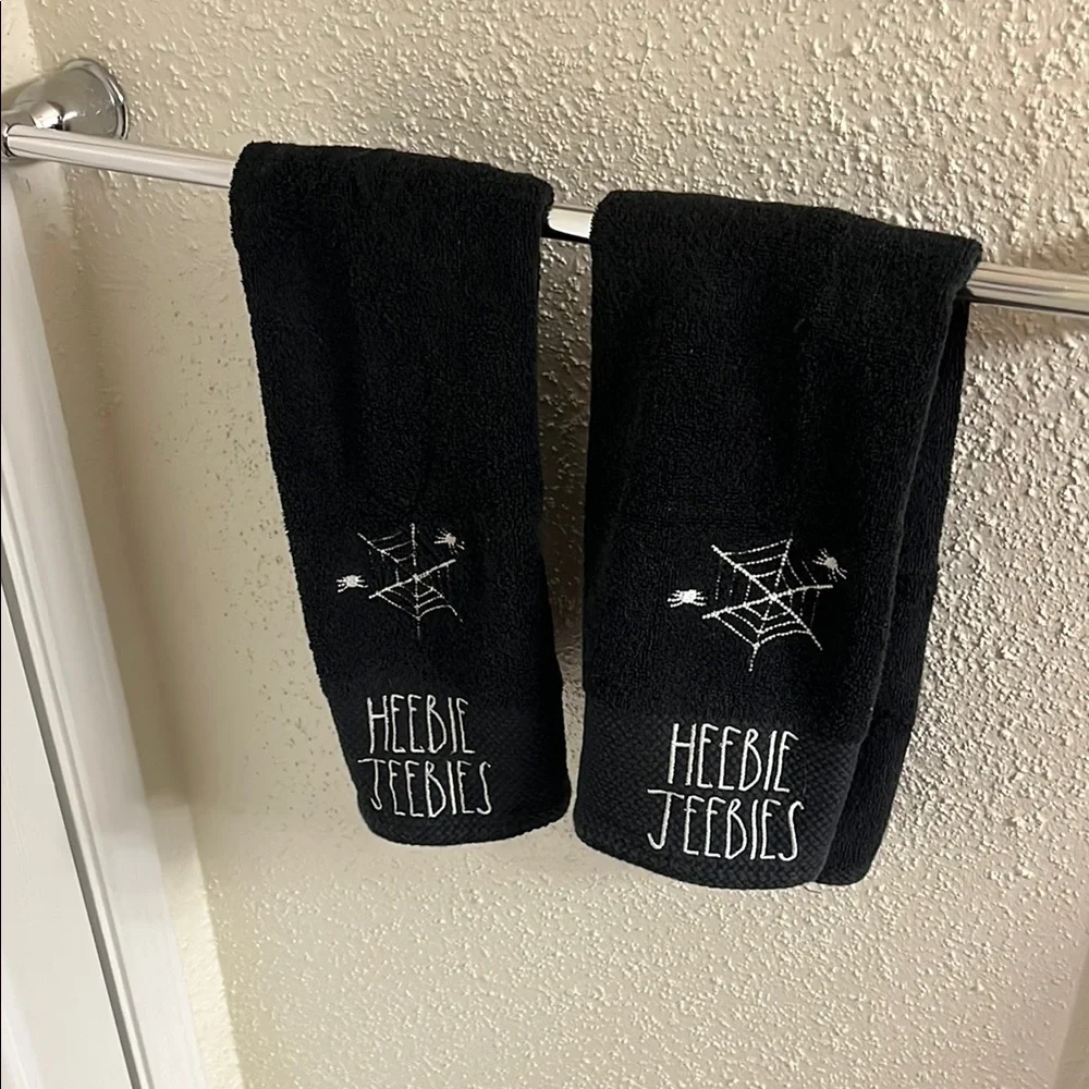 Rae Dunn Black Heebie Jeebies Spider Hand Towels